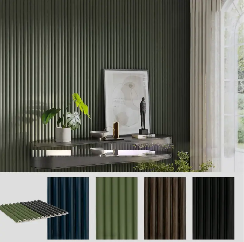 el panel de pvc redondo tipo lambrin es una solucion decorativa moderna y funcional para muros y techos interiores. su diseño redondeado aporta un toque elegante y distintivo, mientras que sus colores: nogal, negro, azul y verde permiten combinarlo con diferentes estilos de decoracion
